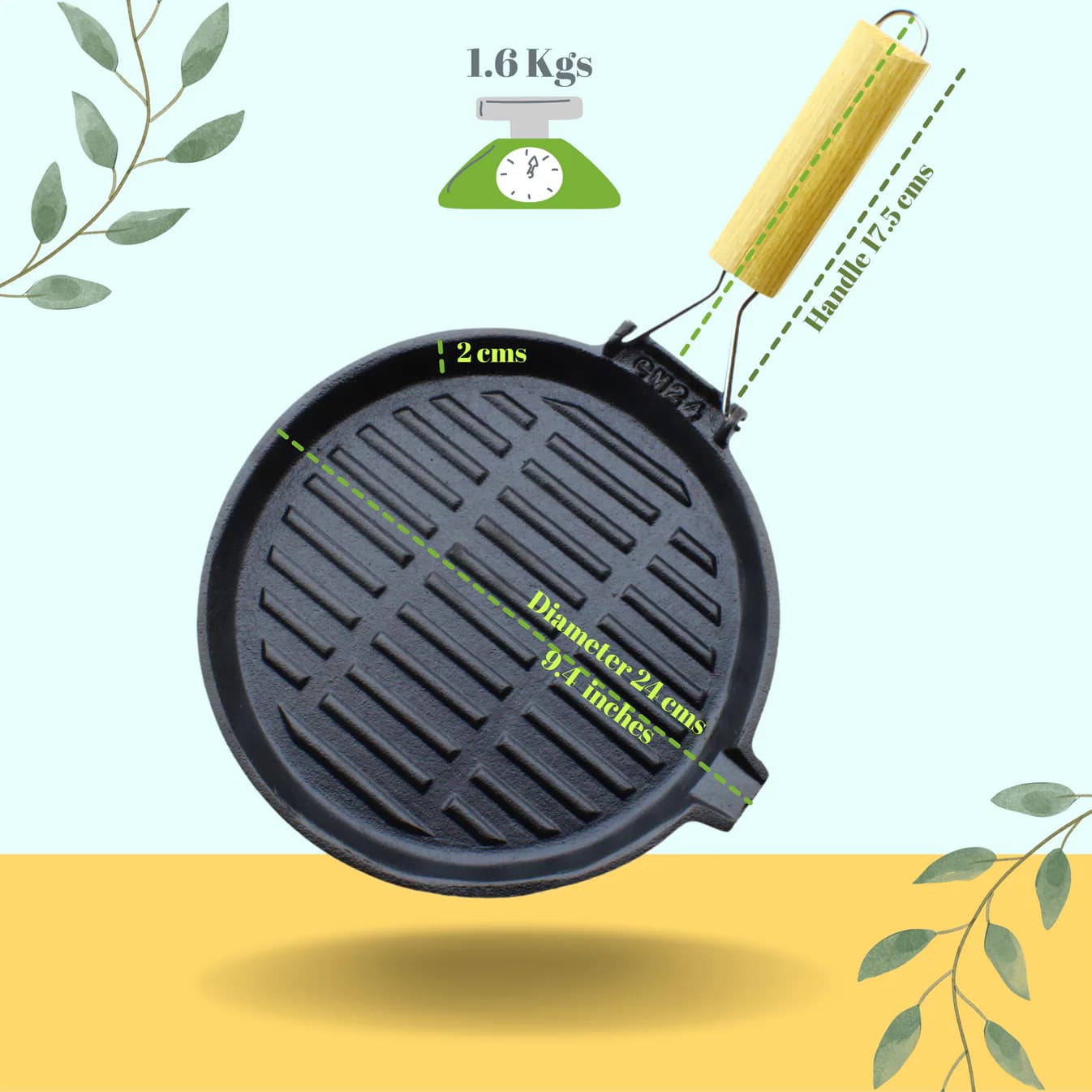 Triple Seasoned Cast Iron Round Grill Pan with Foldable Handle 9.4 in Induction Compatible - Image 5