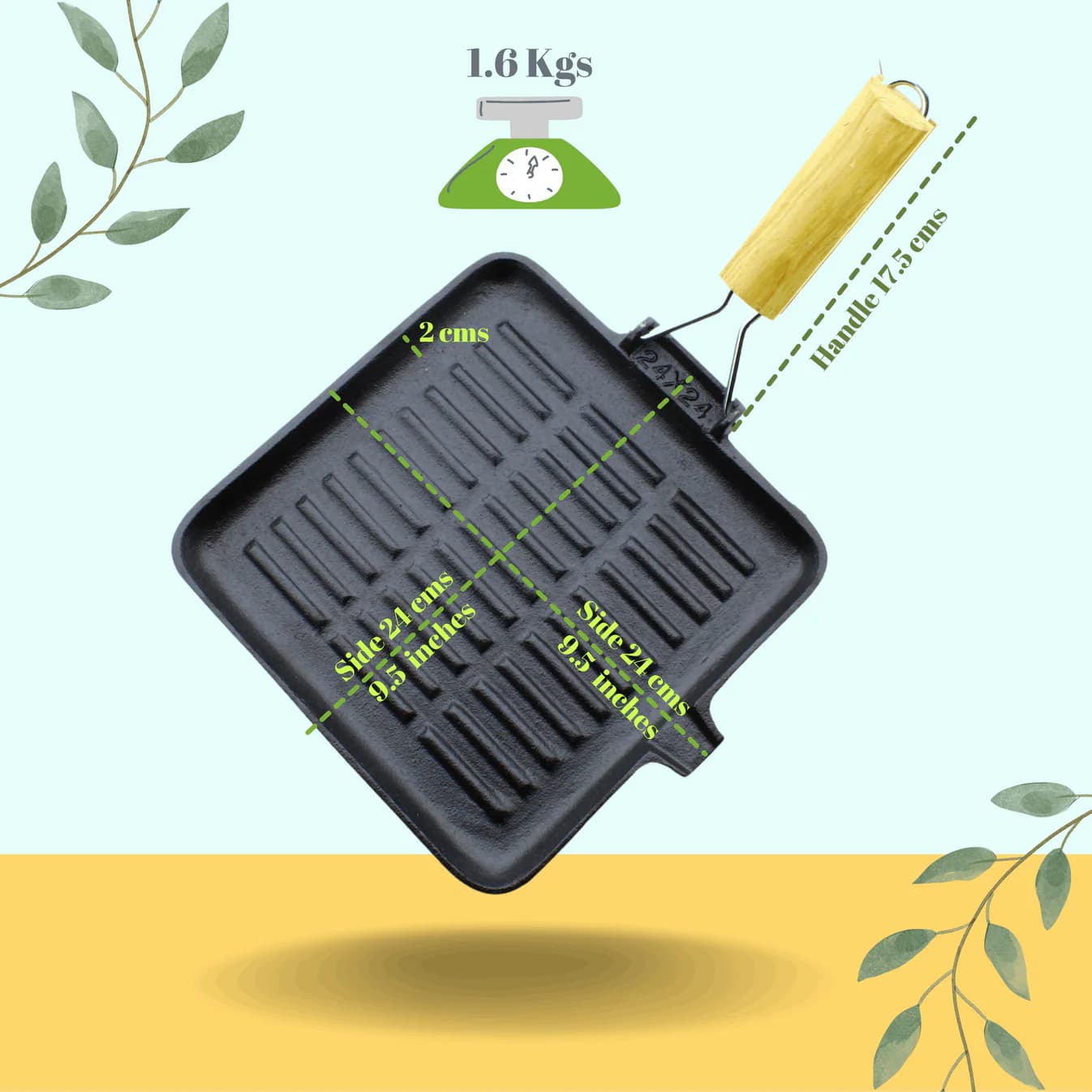 Triple Seasoned Cast Iron Grill Pan with Foldable Handle 9.4 in Square Induction Compatible(24cm) - Image 2