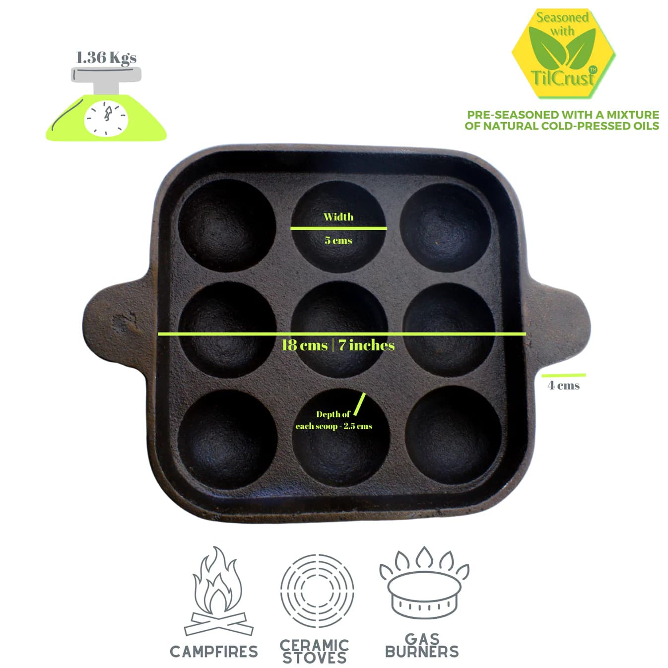 Triple Seasoned Cast Iron Paniyarakkal 9 Pits 7 in Sq - Image 3