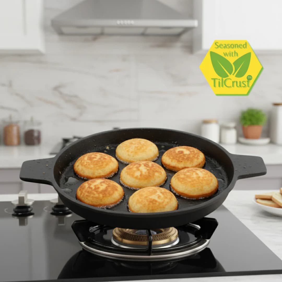 Triple Seasoned Cast Iron 7 Pits Paniyarakkal with Lid 6.3 in - Image 3