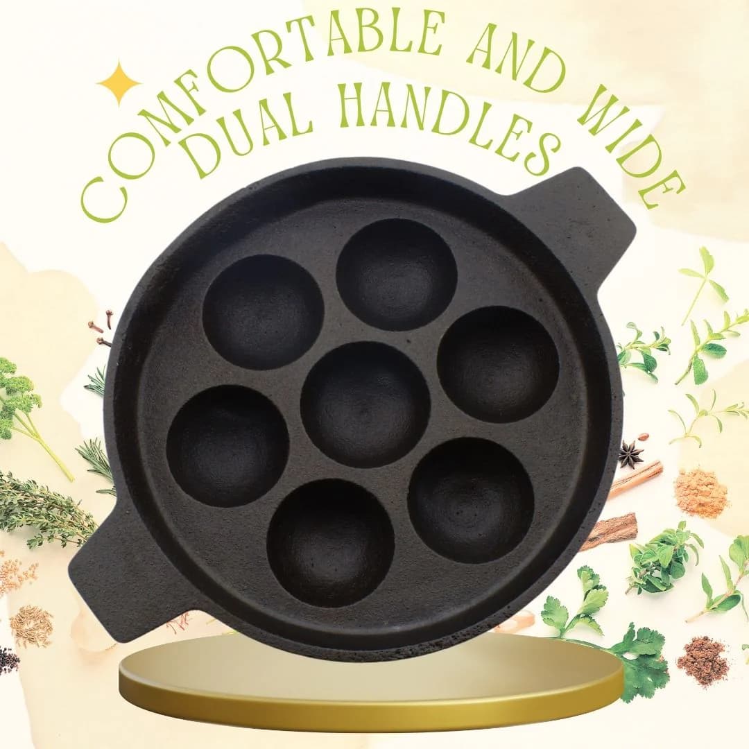 Triple Seasoned Cast Iron 7 Pits Paniyarakkal with Lid 6.3 in - Image 4