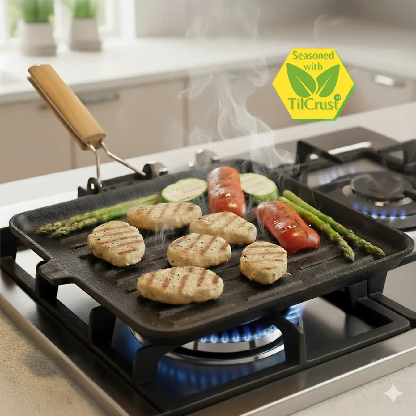 Triple Seasoned Cast Iron Grill Pan with Foldable Handle 9.4 in Square Induction Compatible(24cm)