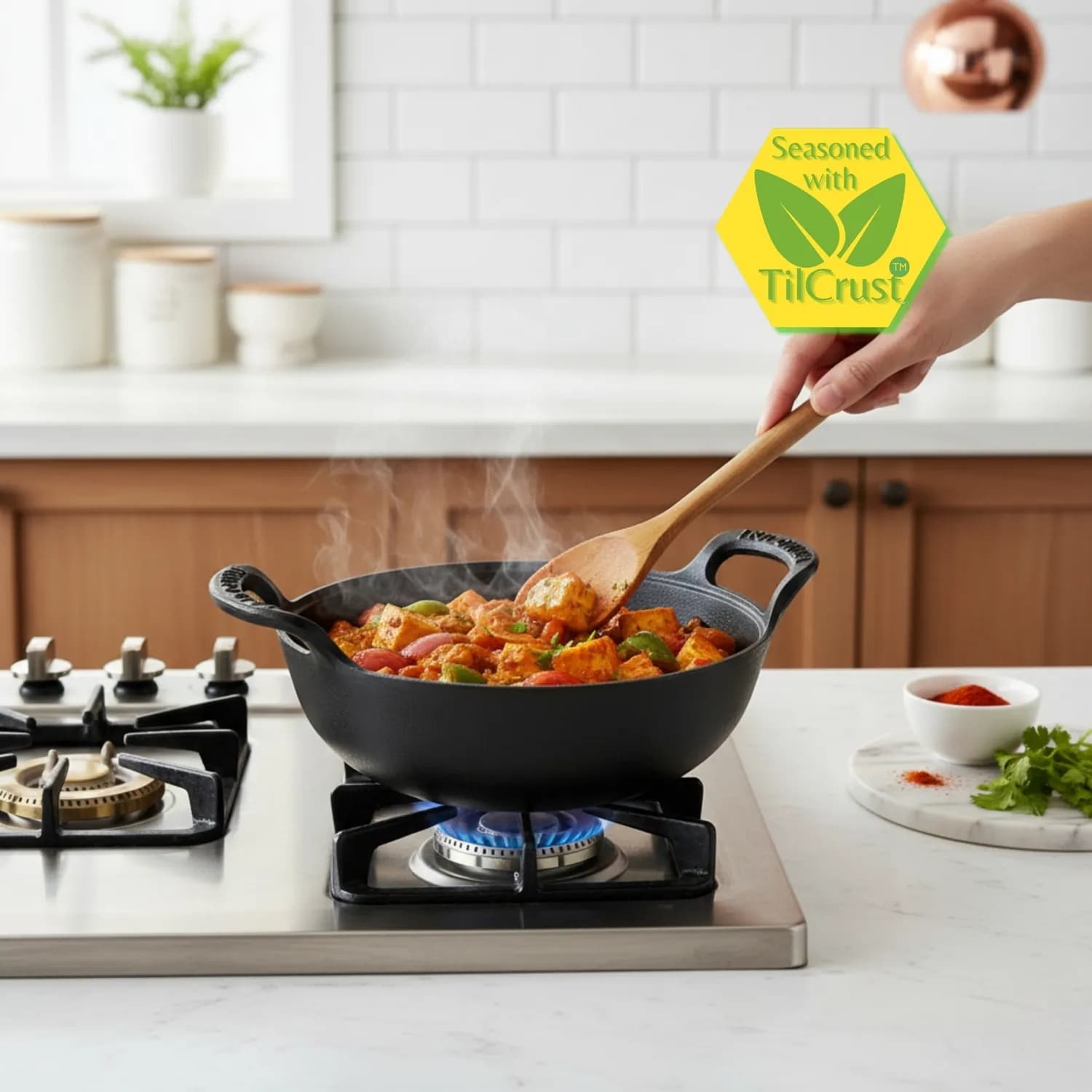 Triple Seasoned Cast Iron CrockWok Mini Kadhai 8 in with lid