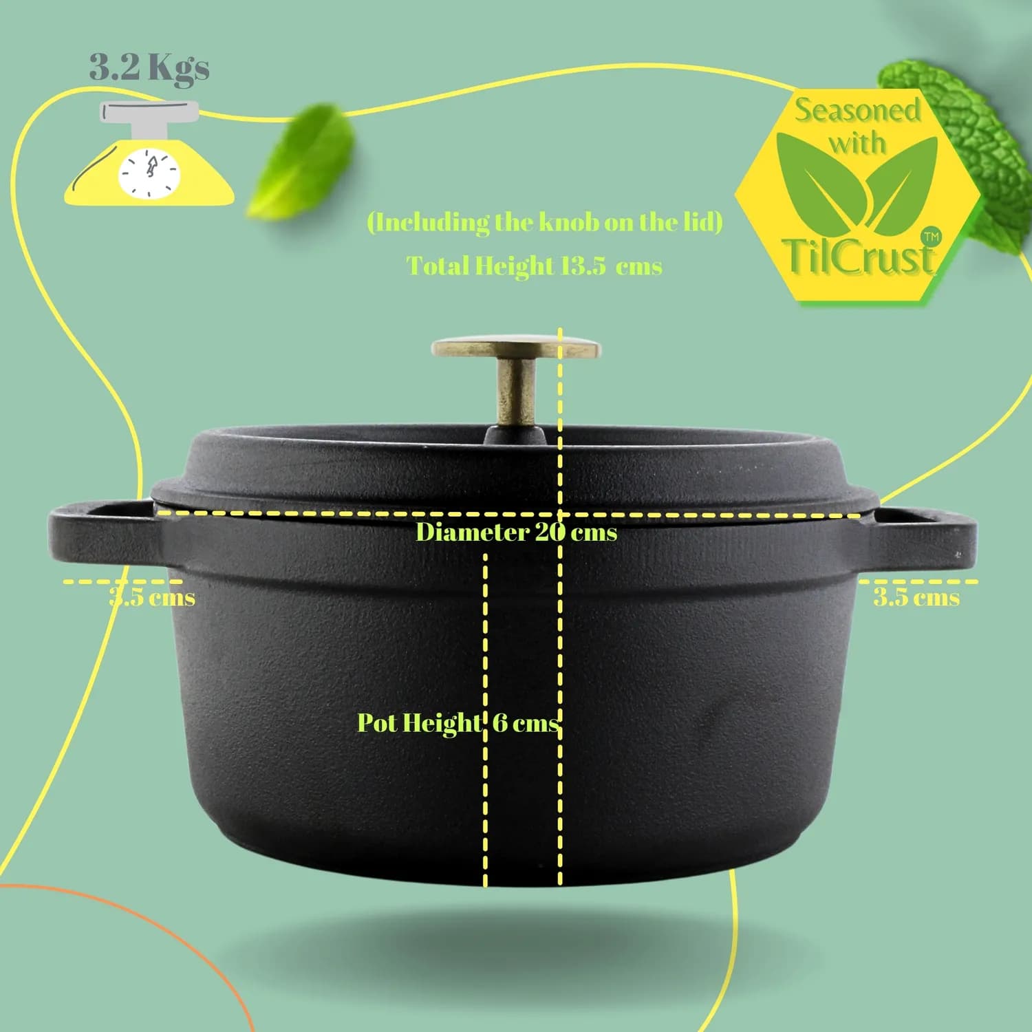 Triple Seasoned Cast Iron Dutch Oven Pot, Casserole, Biriyani Pot, Cooking Pot 8 in - Image 2